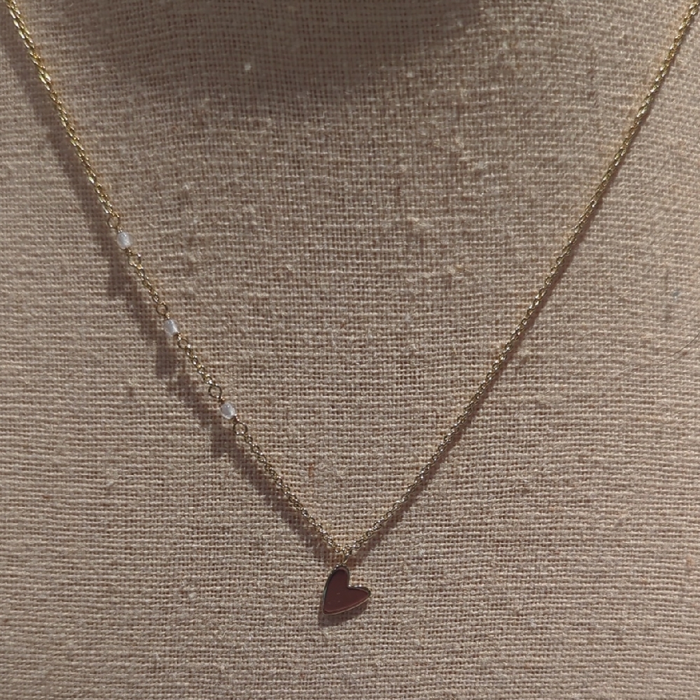Gold Heart Pendant Necklace with White Bead Accent - Women Jewelry